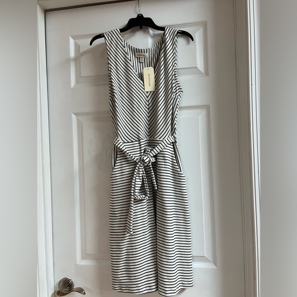 MONTEAU LOS ANGELES Nautical Dress Tie Waist A-Line Casual Blue Stripe X-Small